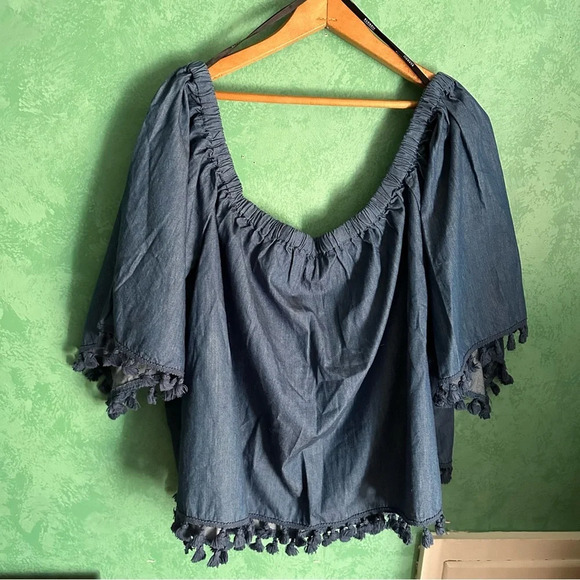 NEW ELOQUII Tassel Trimmed Off Shoulder Blue Chambray Top 28 Plus Size‎ Curvy 3X - Picture 5 of 7